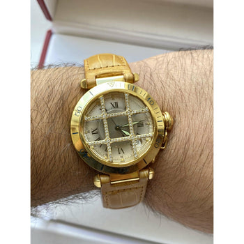 Cartier 36mm Pasha Men's Watch with Diamond Cage and Brown Leather Strap – Assay Jewelers