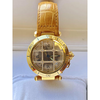 Cartier 36mm Pasha Men's Watch with Diamond Cage and Brown Leather Strap – Assay Jewelers
