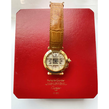 Cartier 36mm Pasha Men's Watch with Diamond Cage and Brown Leather Strap – Assay Jewelers