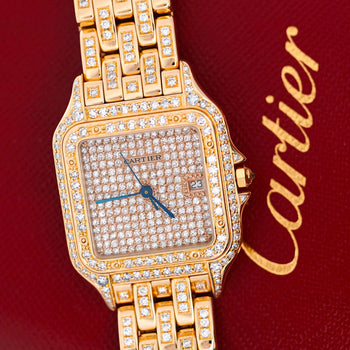Cartier Panthere Full Factory Diamond 27mm 18K Gold Watch Ref 008133 – Assay Jewelers