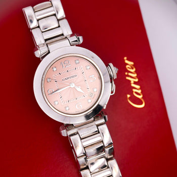 Cartier Pasha 2308 Diamond 18K White Gold Pink Dial Bracelet Automatic Watch – Assay Jewelers