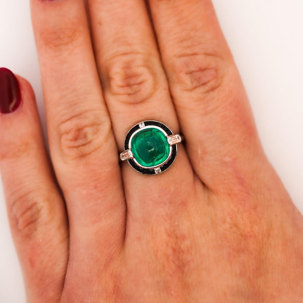 Cartier Signed Art Deco Colombian Emerald Onyx & Diamond Platinum Ring