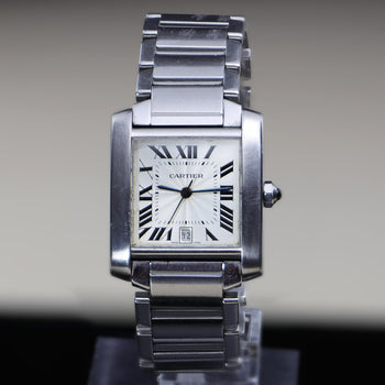 Cartier Tank Francaise 2302 Large Steel Guilloche Roman Dial Blue Hands Watch – Assay Jewelers