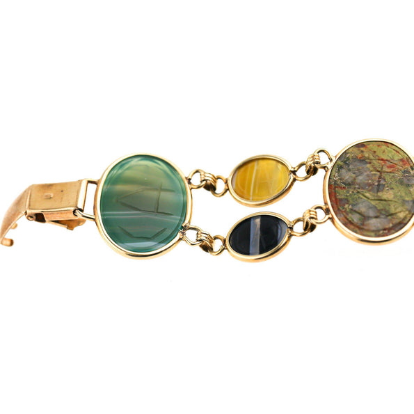 Carved Scarab Beetle 14K Gold Multicolor Hardstone Egyptian Revival Bracelet