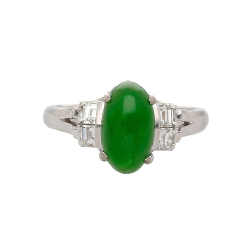 Certified 2.69 Carat Oval Bright Green Untreated A Jadeite Jade Platinum Ring