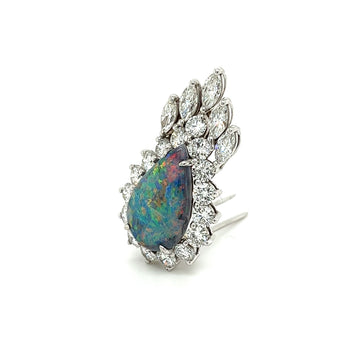 Drop Shaped Black Opal with Marquise & Round Diamond Halo Pendant Or Brooch in 14K White Gold – Assay Jewelers