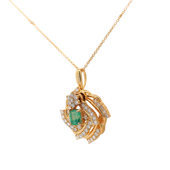 Emerald and Diamond 18K Gold Two Piece Halo Moving Pendant Necklace