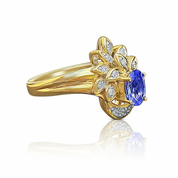 Floral Blue Dominant Tanzanite Ring in 14k Yellow Gold and Diamond Ring