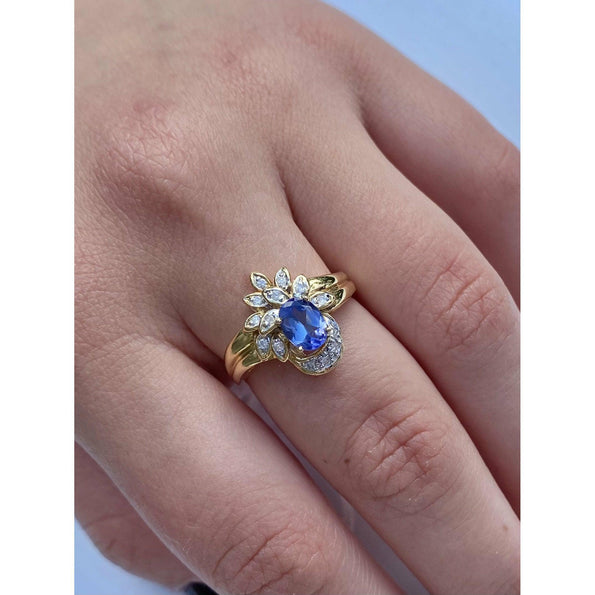 Floral Blue Dominant Tanzanite Ring in 14k Yellow Gold and Diamond Ring