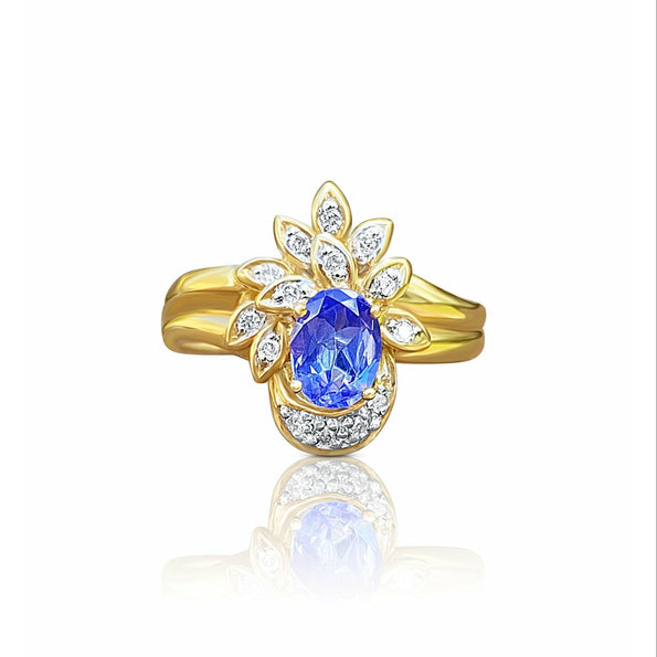 Floral Blue Dominant Tanzanite Ring in 14k Yellow Gold and Diamond Ring
