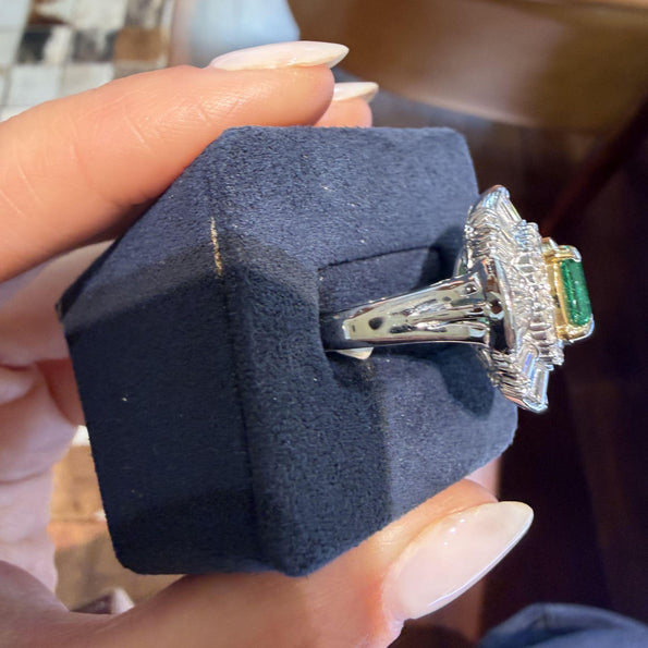 GIA 1.38 Carat Emerald Cut Colombian Emerald & Diamond Platinum Ballerina Ring