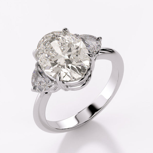 GIA 4.02 Carat Oval Cut Diamond E/VS2 Three Stone Half Moon Sidestone Ring