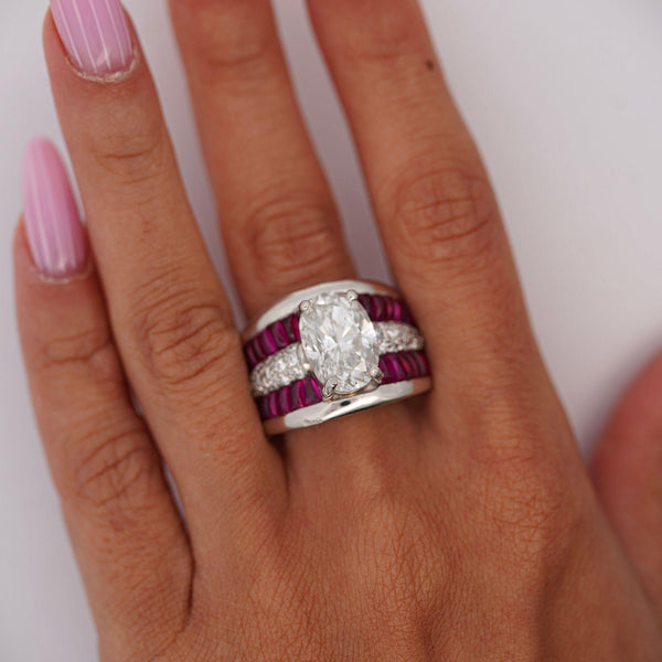 GIA 4.43 Carat Oval G/I1 Diamond & Cabochon Ruby Platinum Vintage Ring