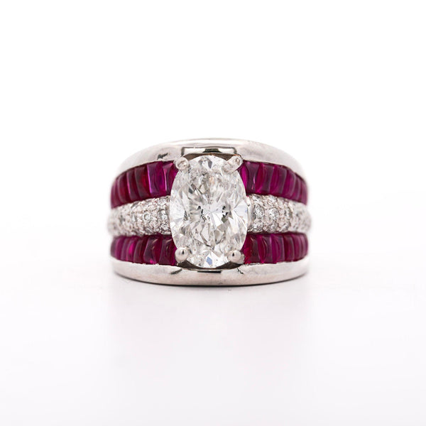 GIA 4.43 Carat Oval G/I1 Diamond & Cabochon Ruby Platinum Vintage Ring