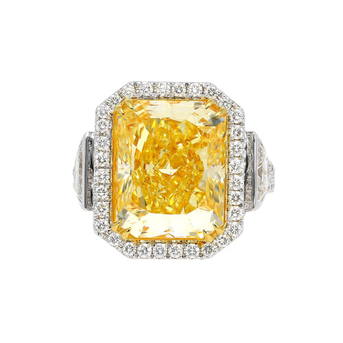 GIA Cert. 10.20 Carat Radiant Fancy Intense Yellow & Half Moon Cut Diamond Ring