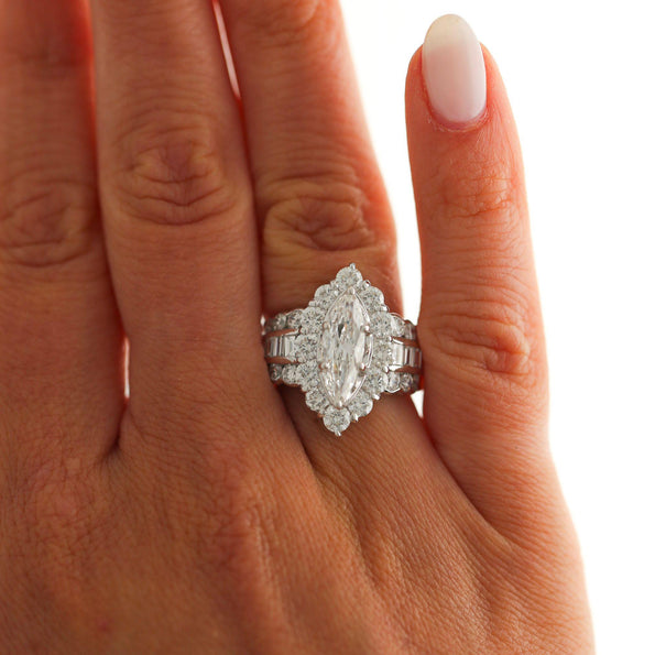 GIA Cert. 1.50 Marquise Diamond E/VS2 Cluster Halo Platinum Band Cocktail Ring