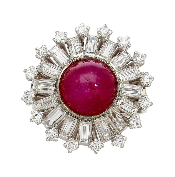 GIA Cert. 7.40 Carat Purplish Red Star Ruby & Diamond Art Deco Ballerina Ring