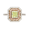 GIA Certified 1.12 carat Radiant Cut Fancy Light Green-Yellow Diamond and Diamond Halo Ring