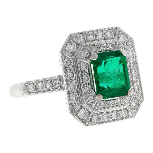 GIA Certified 1.46 Carat Colombian Emerald and Diamond Ring in 18K White Gold