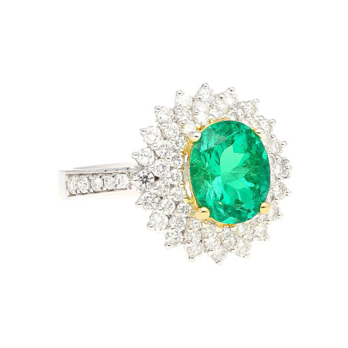 GIA Certified 1.76 carat Minor Oil Oval Colombian Emerald & Diamond Halo Ring in 18K