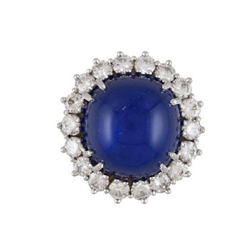 Bague halo en platine certifiée GIA, saphir bleu cabochon 25 carats et diamants – Assay Jewelers