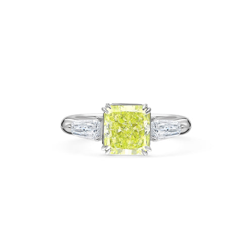 GIA Certified 2.22 Carat Fancy Yellow-Green Radiant Cut Diamond 3 Stone Ring in 18K White Gold