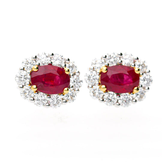 GIA Certified 2.3 Carat Oval Ruby & Round Diamond Halo 18K Stud Earrings