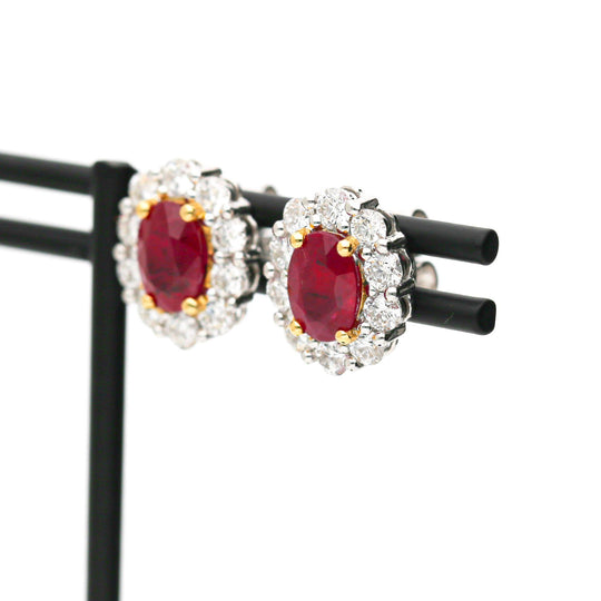 GIA Certified 2.3 Carat Oval Ruby & Round Diamond Halo 18K Stud Earrings