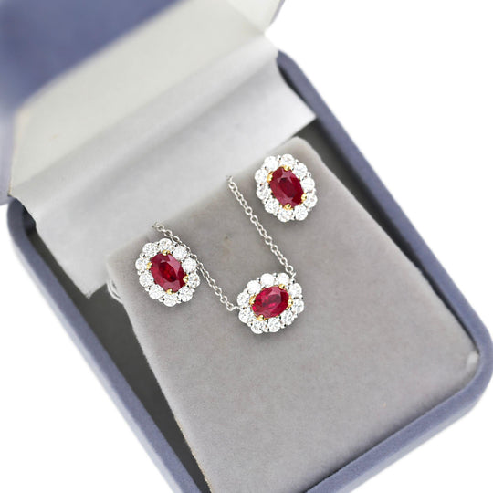 GIA Certified 2.3 Carat Oval Ruby & Round Diamond Halo 18K Stud Earrings
