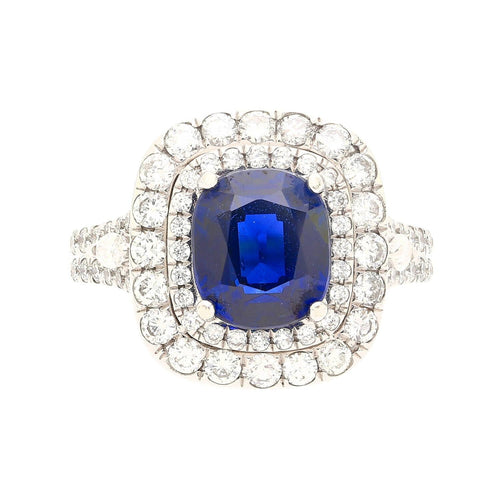 GIA Certified 3.12 Carat Cushion Cut No Heat Sapphire & Diamond Ring