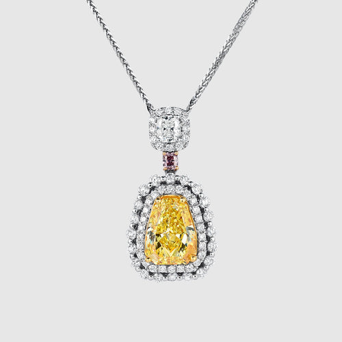 GIA Certified 3.28 Carat Fancy Intense Yellow Shield Kite Cut Natural Diamond Pendant Necklace