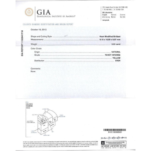 GIA Certified 3.32 Carat Fancy Intense Yellow Heart Cut Diamond Engagement Ring