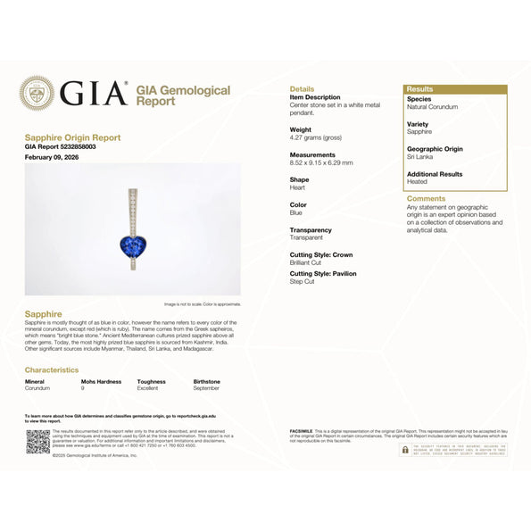 GIA Certified 3.5 Carat Heart Blue Sri Lanka Sapphire Diamond 18K Drop Pendant
