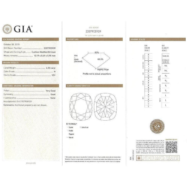 GIA Certified 4.10 Carat Cushion H VS1 Diamond Swirl Engagement Ring