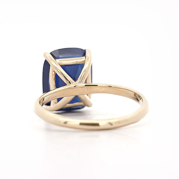 GIA Certified 5.11 Carat Cushion Blue Sapphire 14K Yellow Gold Solitaire Ring