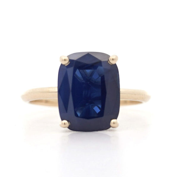 GIA Certified 5.11 Carat Cushion Blue Sapphire 14K Yellow Gold Solitaire Ring