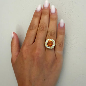 GIA Certified 6 Carat Cushion Cut Orange Sapphire Diamond Halo 18K Gold Ring – Assay Jewelers