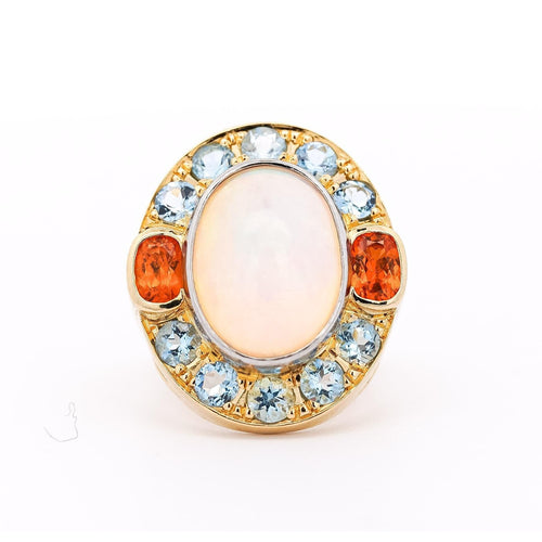 GIA Certified 8 Carat White Opal With Orange Garnet & Aquamarine Halo Ring