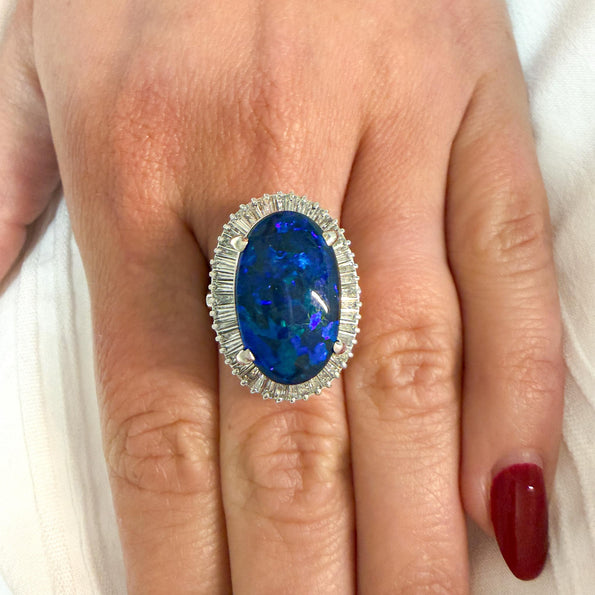 GIA Certified 8.69 Carat Cabochon Black Opal & Diamond in Platinum Cocktail Ring