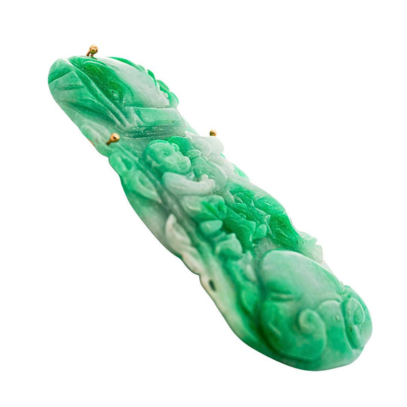 GIA Certified Large Carved Jadeite Jade Fei Cui Boy Turtle Yellow Gold Pendant