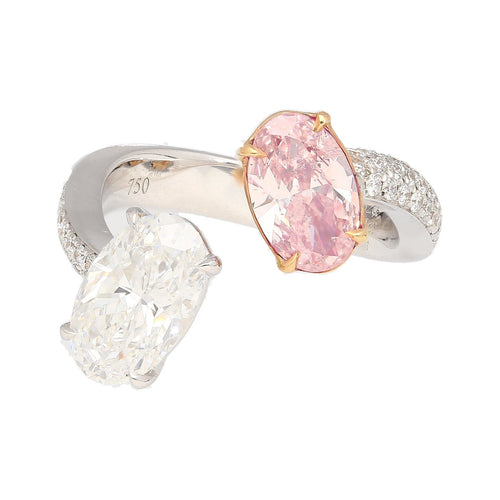 GIA Certified Oval Cut Fancy Orangy Pink & White Diamond Toi Et Moi 18K Ring