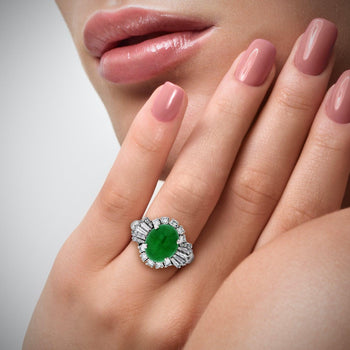 GIA certified 3.50 Carat Cabochon-cut Jade With Baguette Cut Diamonds in Platinum 900 Ring setting – Assay Jewelers