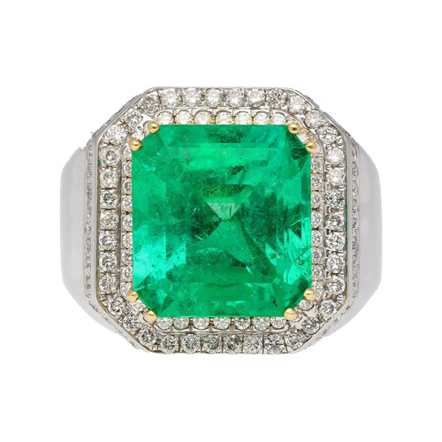 GRS 9.54 Carat Colombian Emerald Insignificant Oil and Diamond Halo Mens Ring