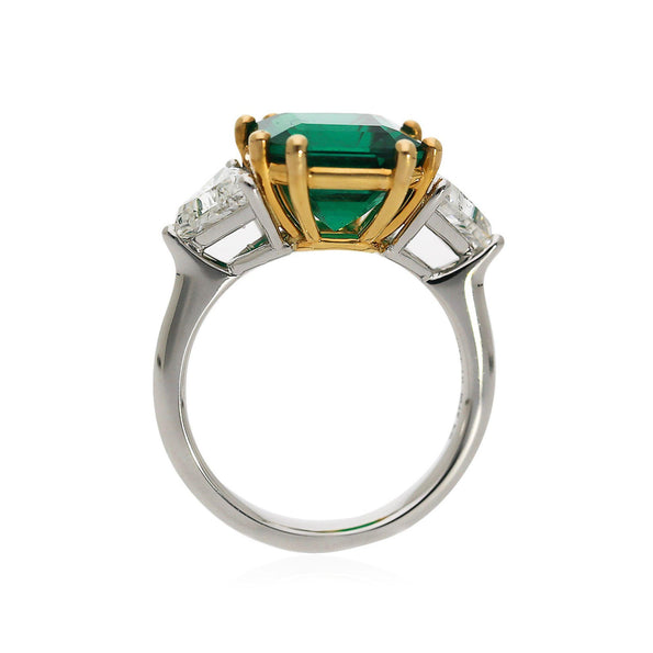 GRS Cert. 4.37 Carat Vivid Green Muzo Colombian Emerald Diamond 3 Stone Ring