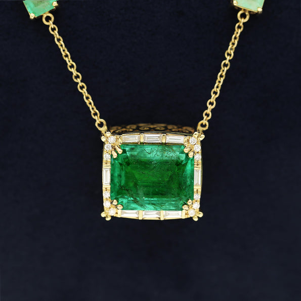 GRS Certified 17.85 Carat Emerald & Diamond Filigree 14K Yellow Gold Necklace