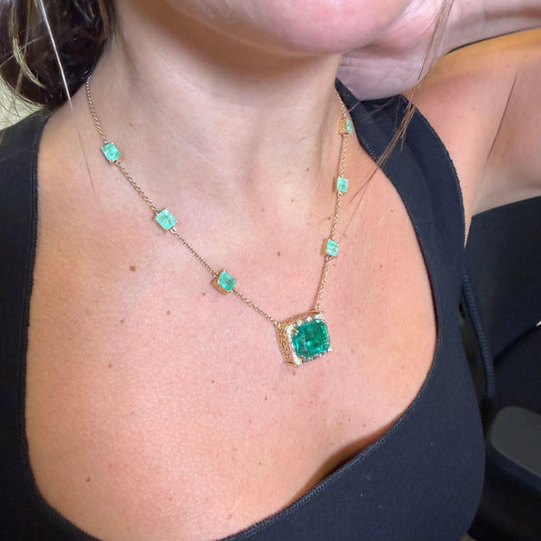 GRS Certified 17.85 Carat Emerald & Diamond Filigree 14K Yellow Gold Necklace
