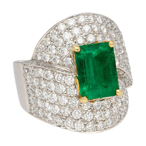 GRS Certified 2.53 Carat Vivid Green Colombian Minor Oil Emerald & Diamond Bypass Ring