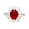 GRS Certified 3 carat Vivid Red "Pigeon Blood" Oval Cut Burma Ruby Ring with Diamond Halo