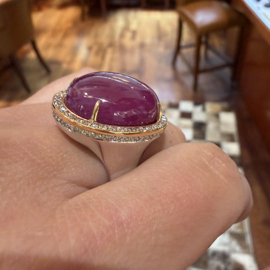 GRS Certified 48 Carat Star Ruby Cabochon & Diamond in 18K Rose Gold Halo Ring