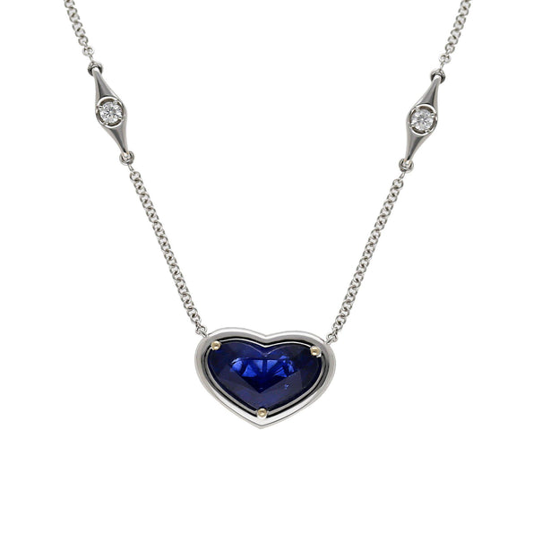GRS Certified 4.13 Carat Heart Sapphire Diamond 18K White Gold Pendant Necklace